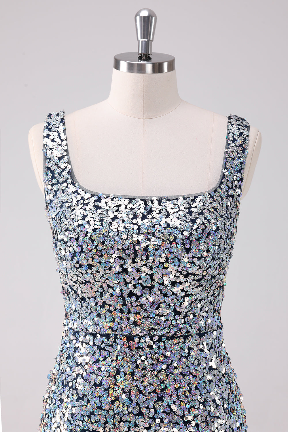 Sparkly Silver Square Neck Tight Homecoming Dress with Slit