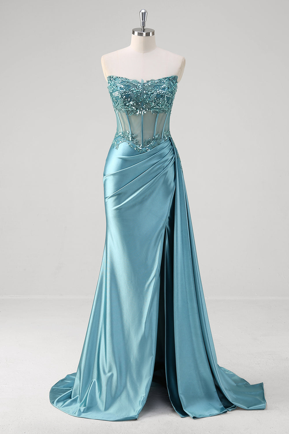 Grey Blue Mermaid Applique Long Prom Dress with Slit