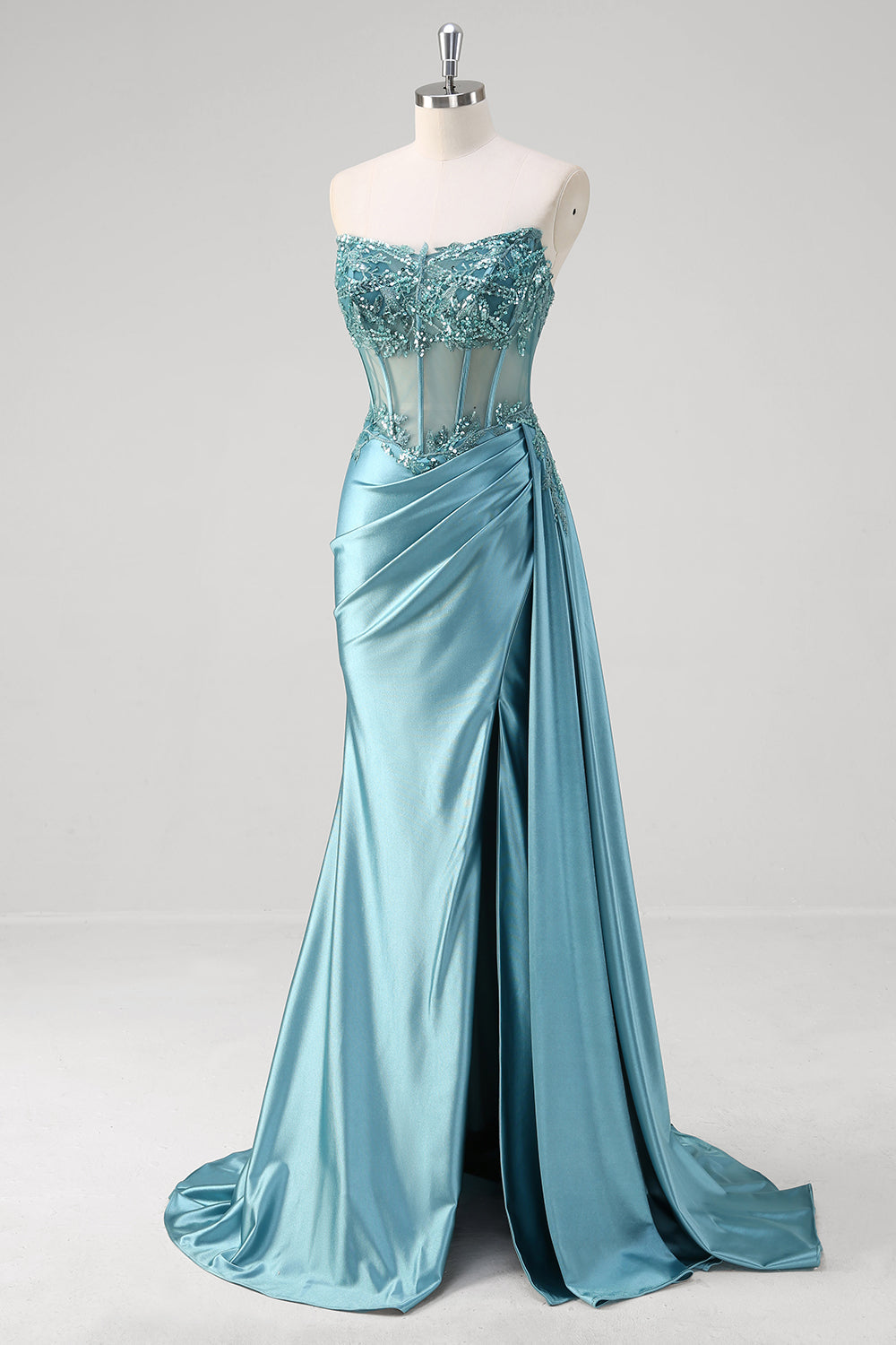 Grey Blue Mermaid Applique Long Prom Dress with Slit