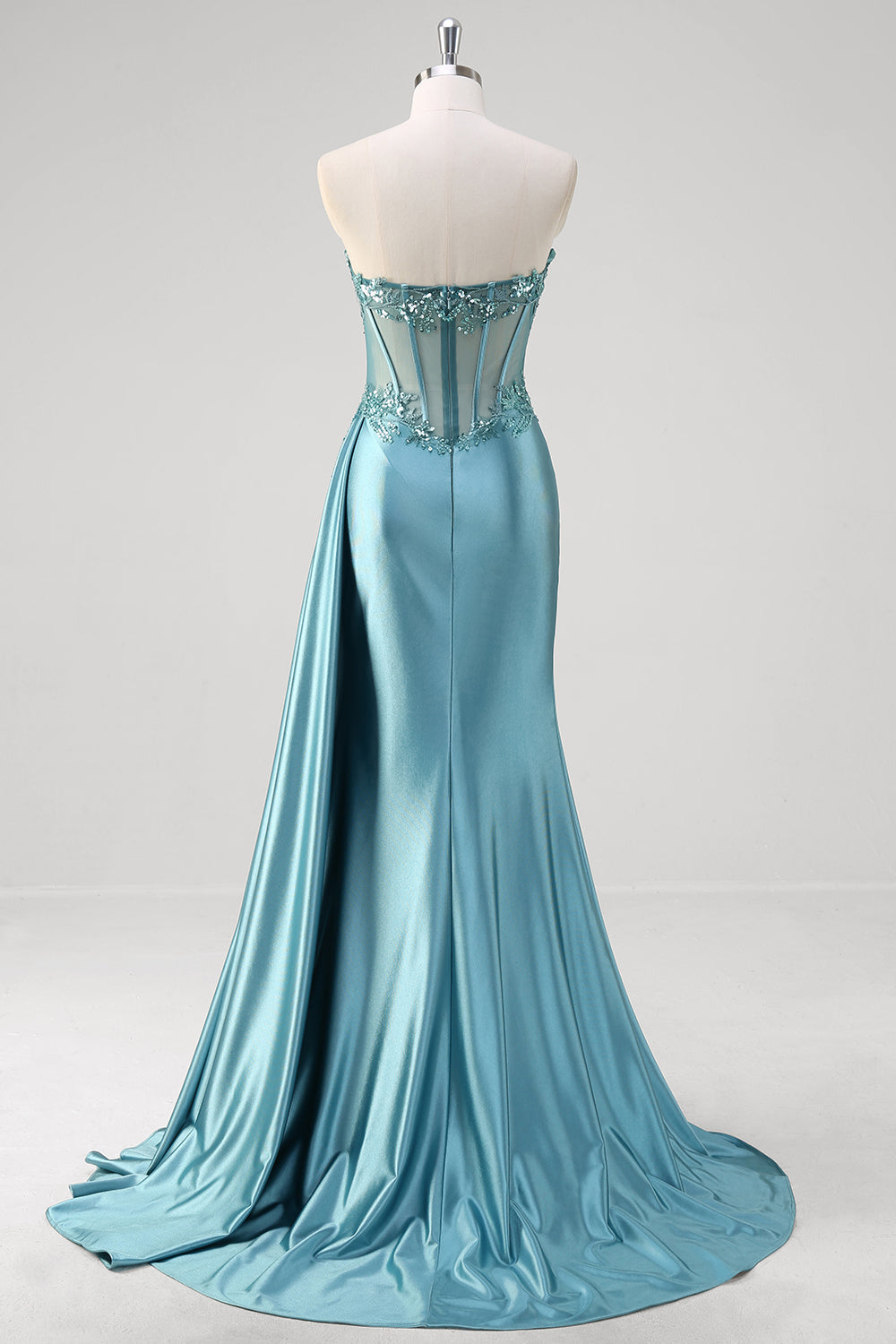 Grey Blue Mermaid Applique Long Prom Dress with Slit