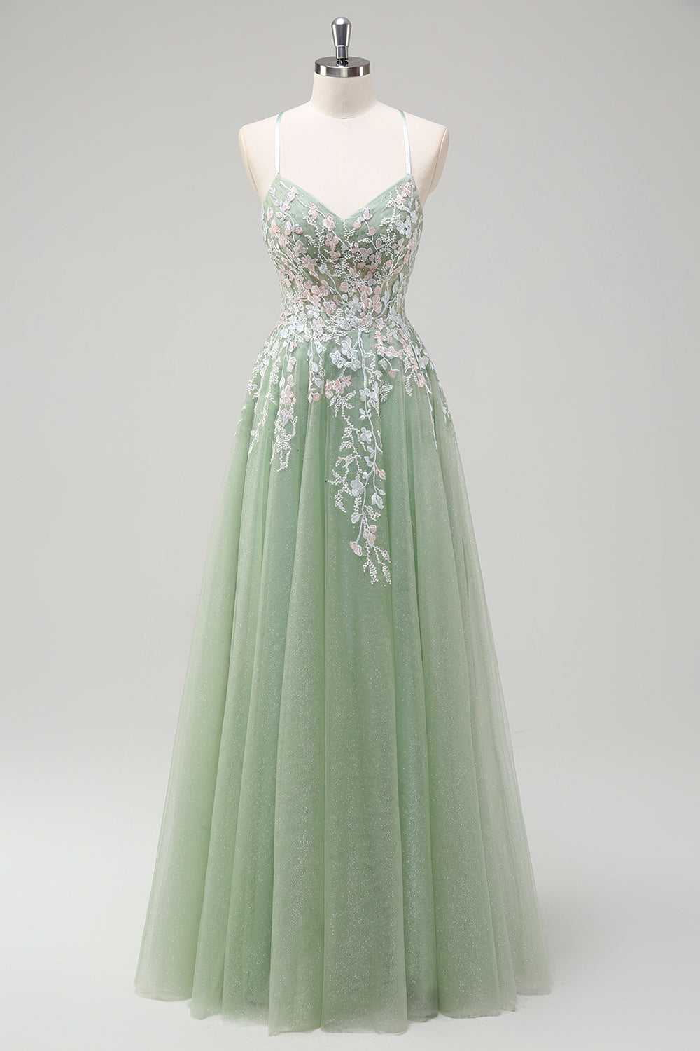 Sage Floral Spaghetti Straps Long A Line Prom Dress with Lace