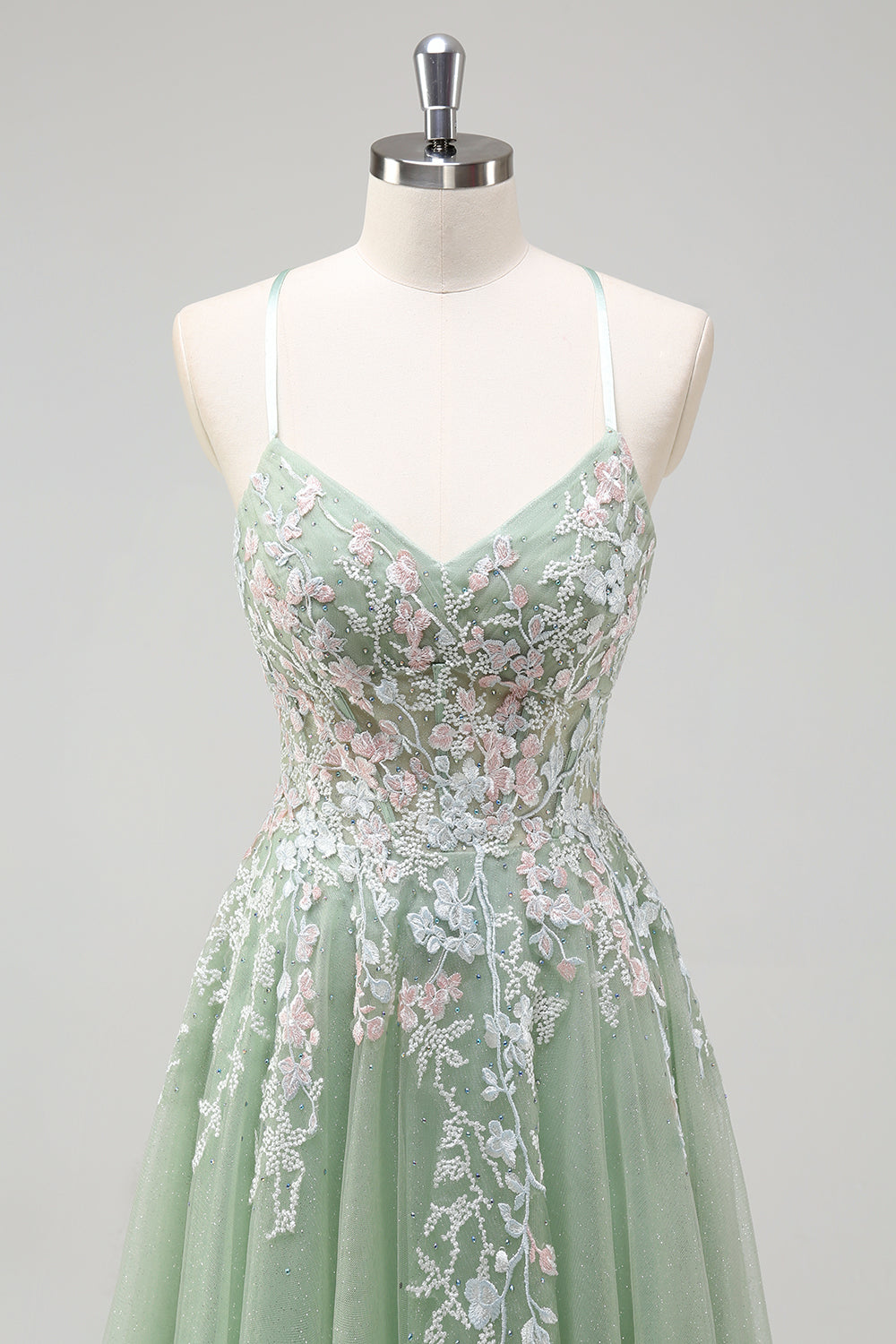 Sage Floral Spaghetti Straps Long Prom Dress with Lace