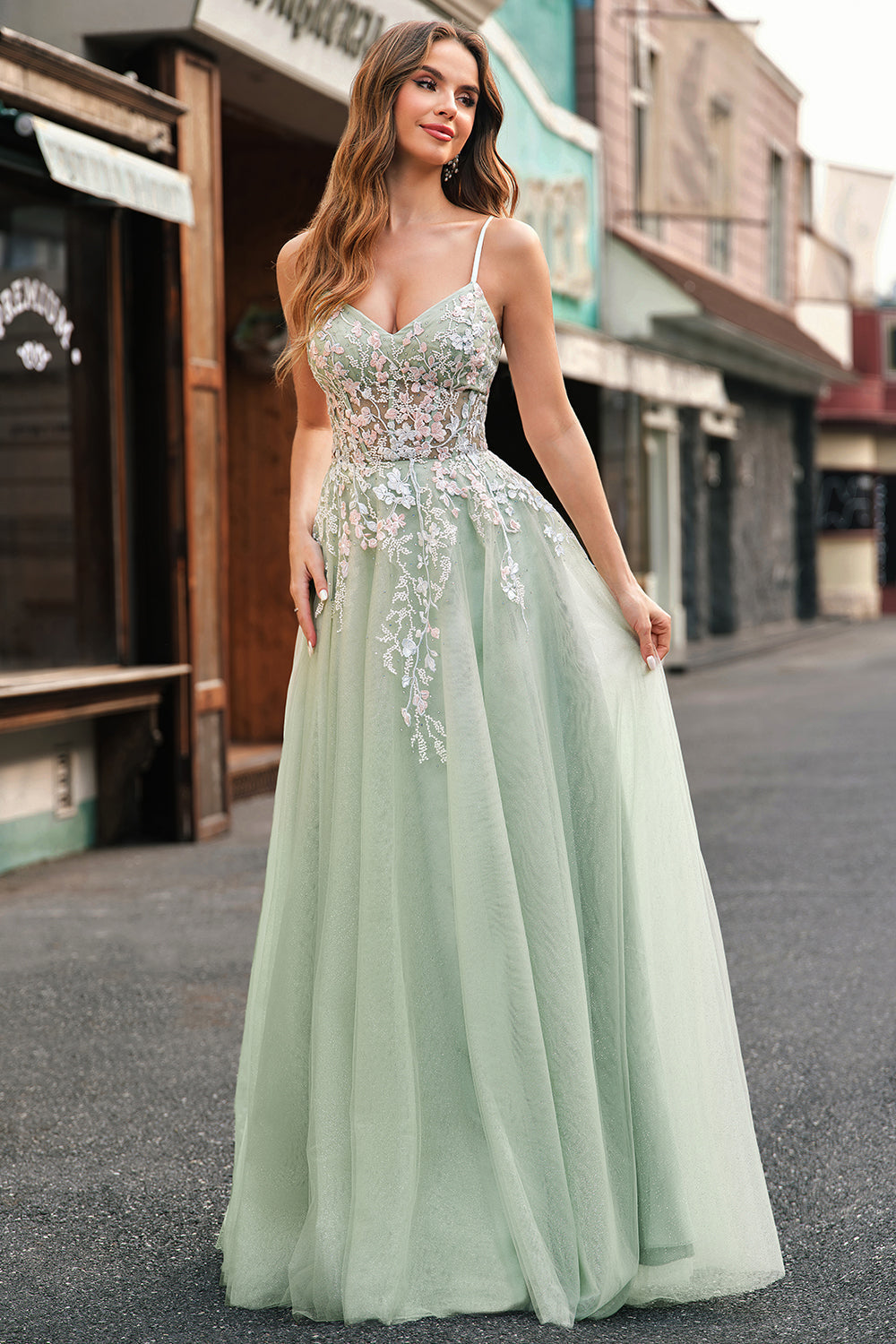 Sage Floral Spaghetti Straps Long A Line Prom Dress with Lace