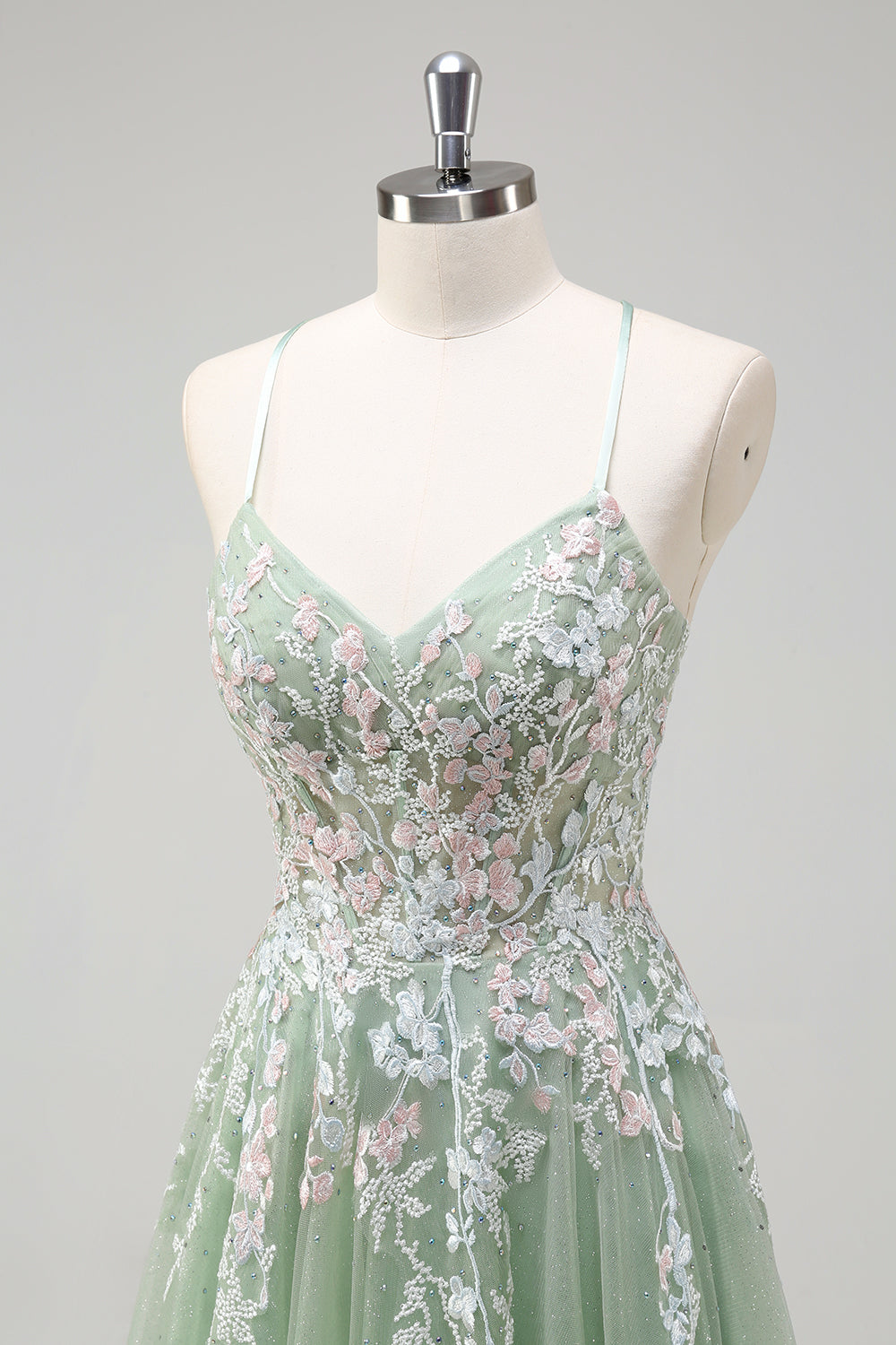 Sage Floral Spaghetti Straps Long Prom Dress with Lace