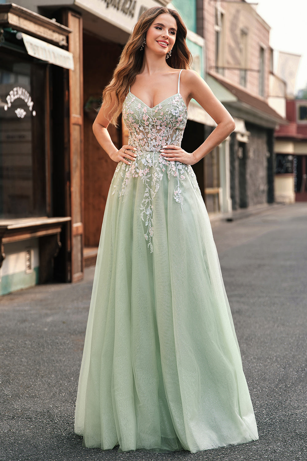 Sage Floral Spaghetti Straps Long A Line Prom Dress with Lace