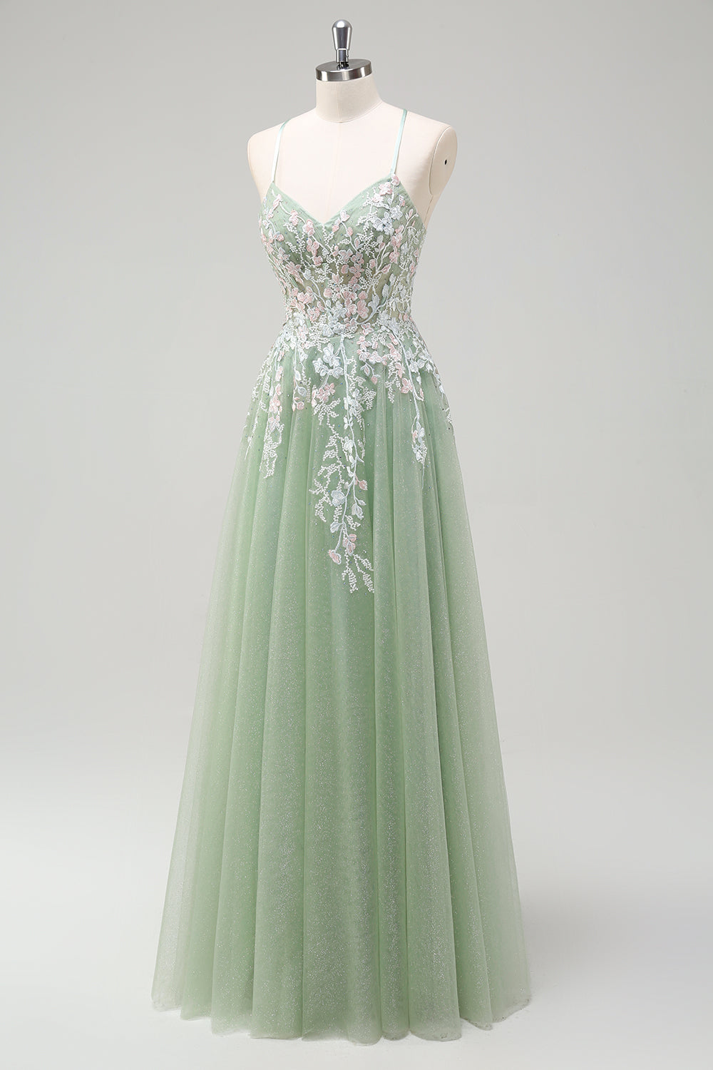 Sage Floral Spaghetti Straps Long Prom Dress with Lace