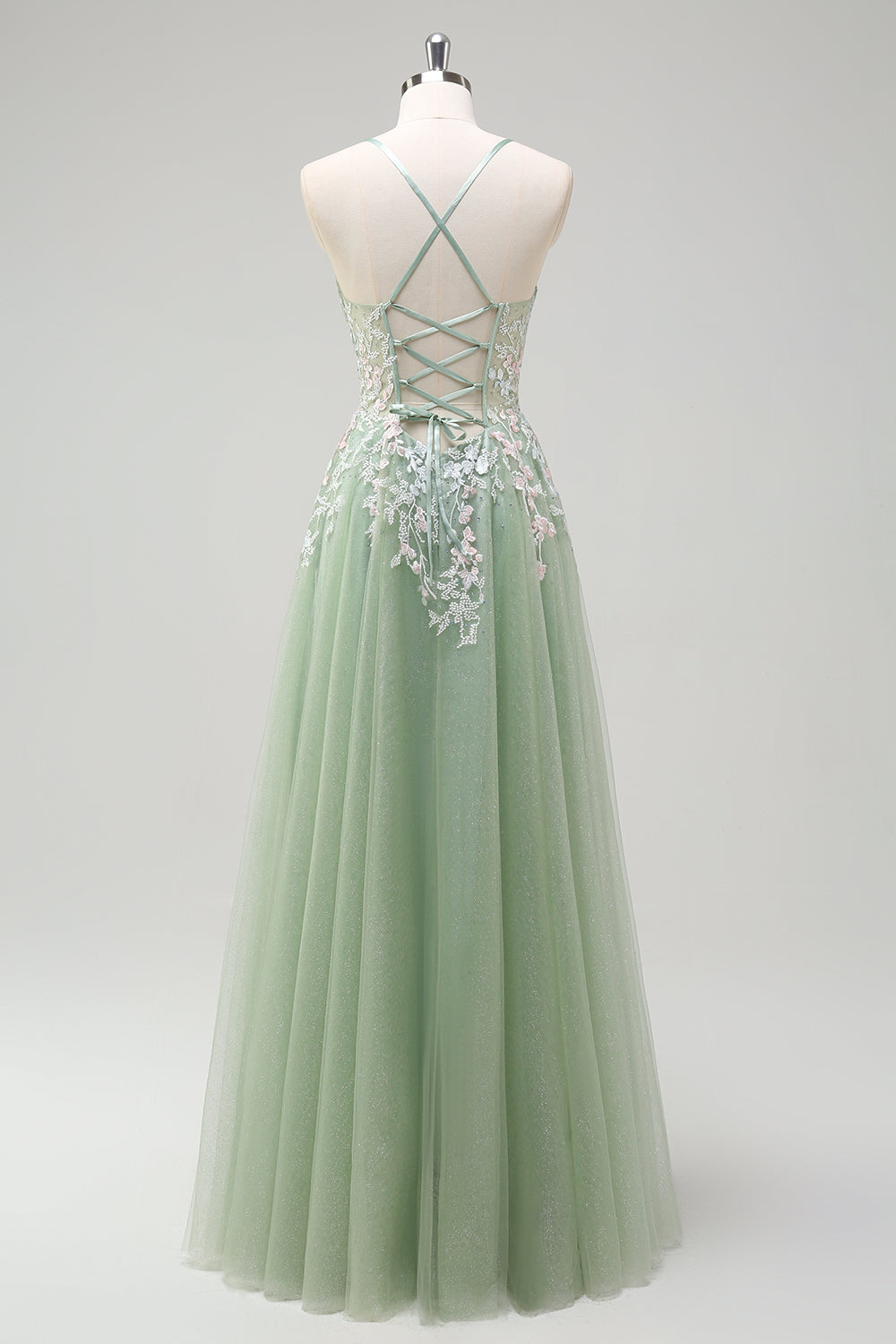 Sage Floral Spaghetti Straps Long A Line Prom Dress with Lace