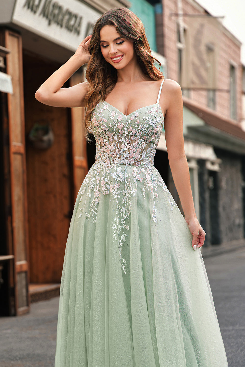 Sage Floral Spaghetti Straps Long A Line Prom Dress with Lace