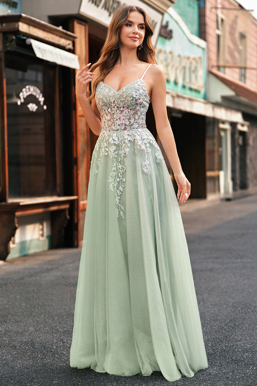 Sage Floral Spaghetti Straps Long A Line Prom Dress with Lace