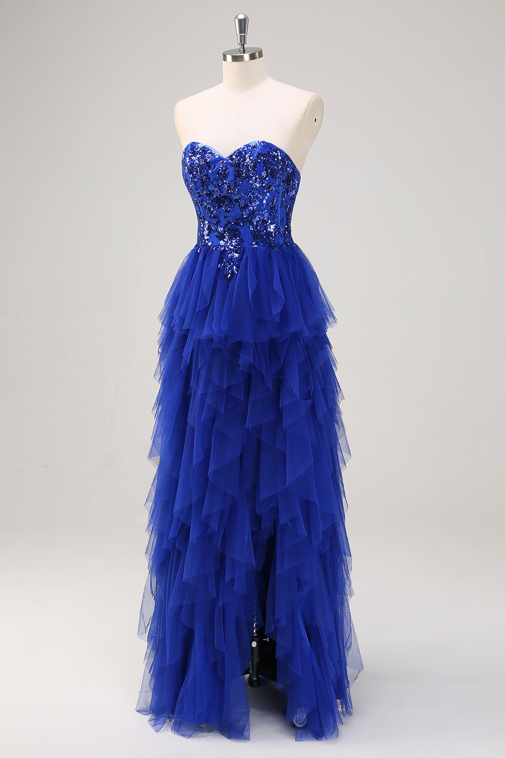 Royal Blue A-Line Sequined Ruffles Sweetheart Long Prom Dress with Slit