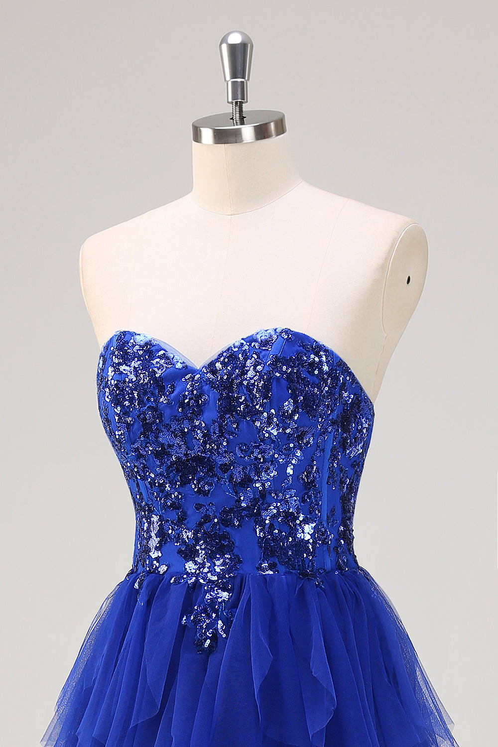 Royal Blue A-Line Sequined Ruffles Sweetheart Long Prom Dress with Slit