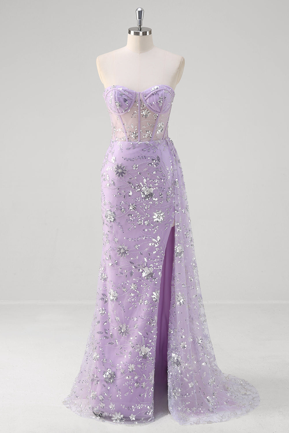 Sparkly Light Purple Mermaid Floral Sweetheart Long Prom Dress with Slit