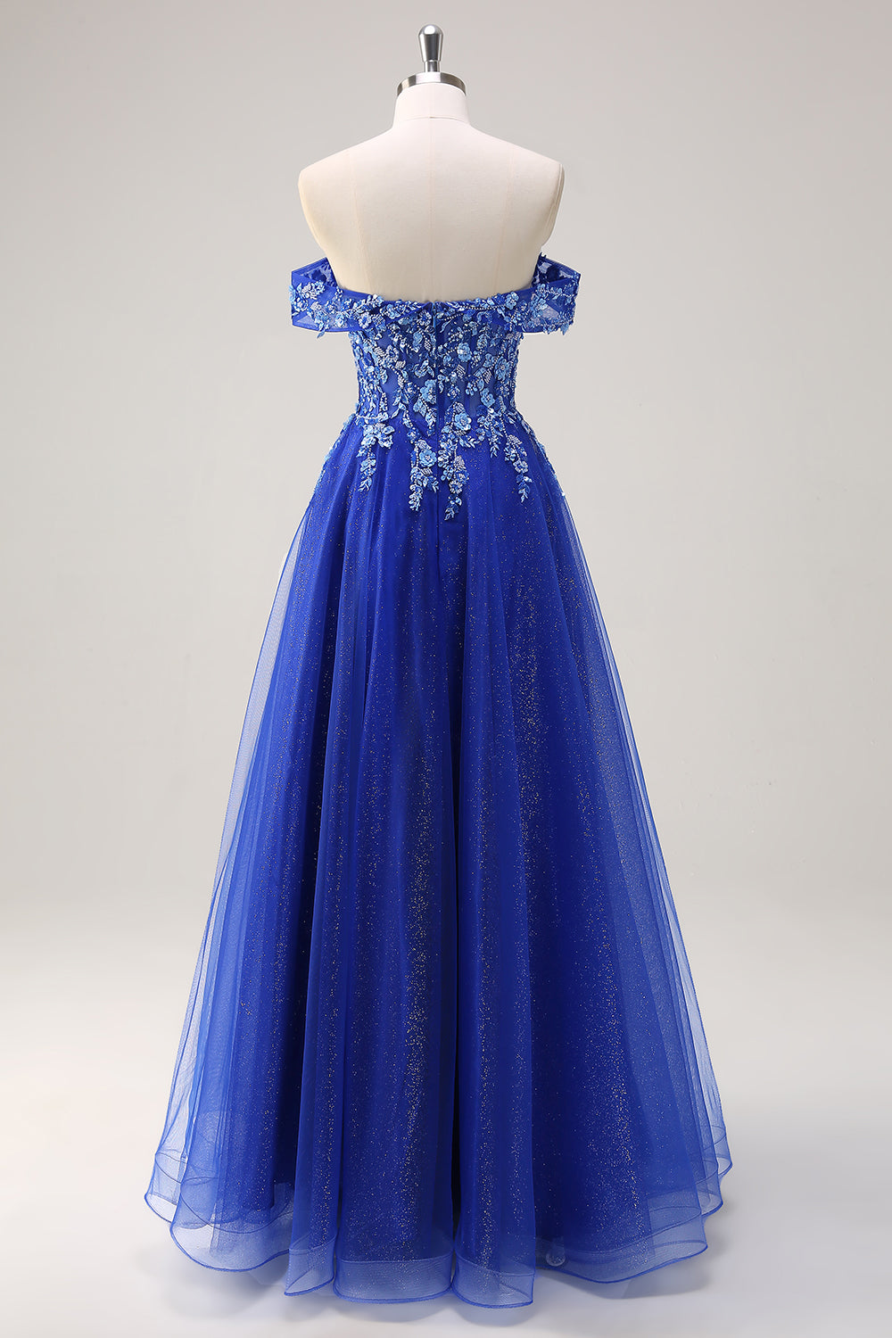 Royal Blue Tulle A-Line Off the Shoulder Sparkly Applique Long Prom Dress with Beading