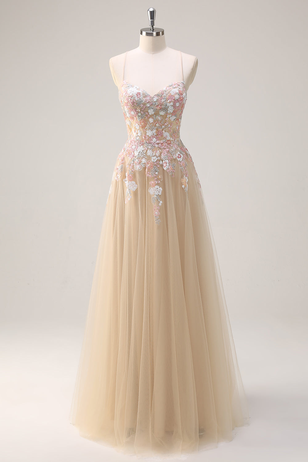 Champagne Floral Spaghetti Straps Corset A-Line Long Prom Dress