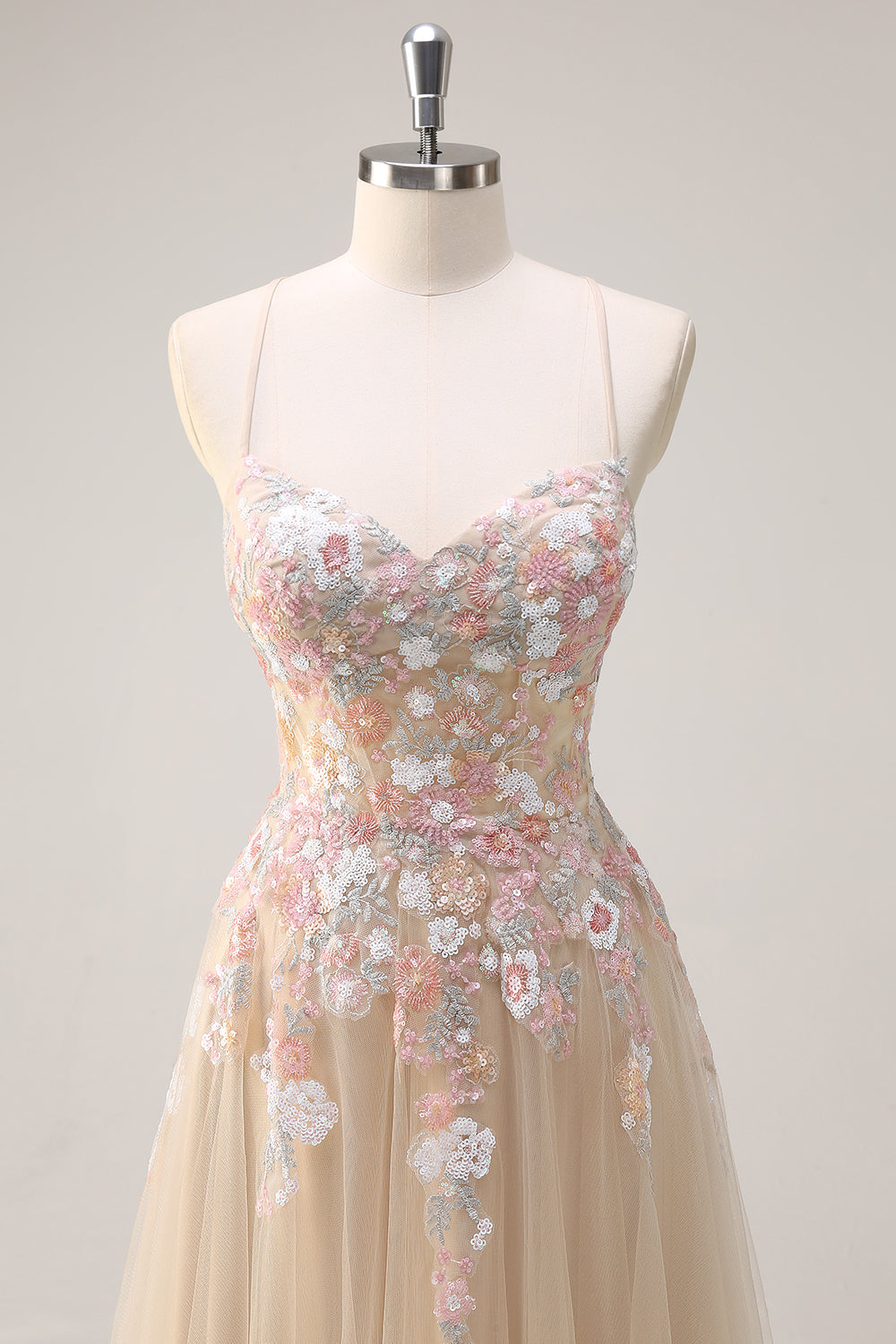 Champagne Floral Spaghetti Straps Corset A-Line Long Prom Dress