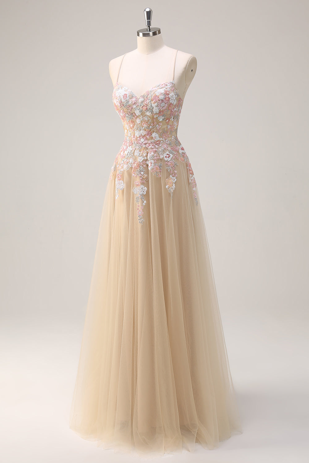 Champagne Floral Spaghetti Straps Corset A-Line Long Prom Dress