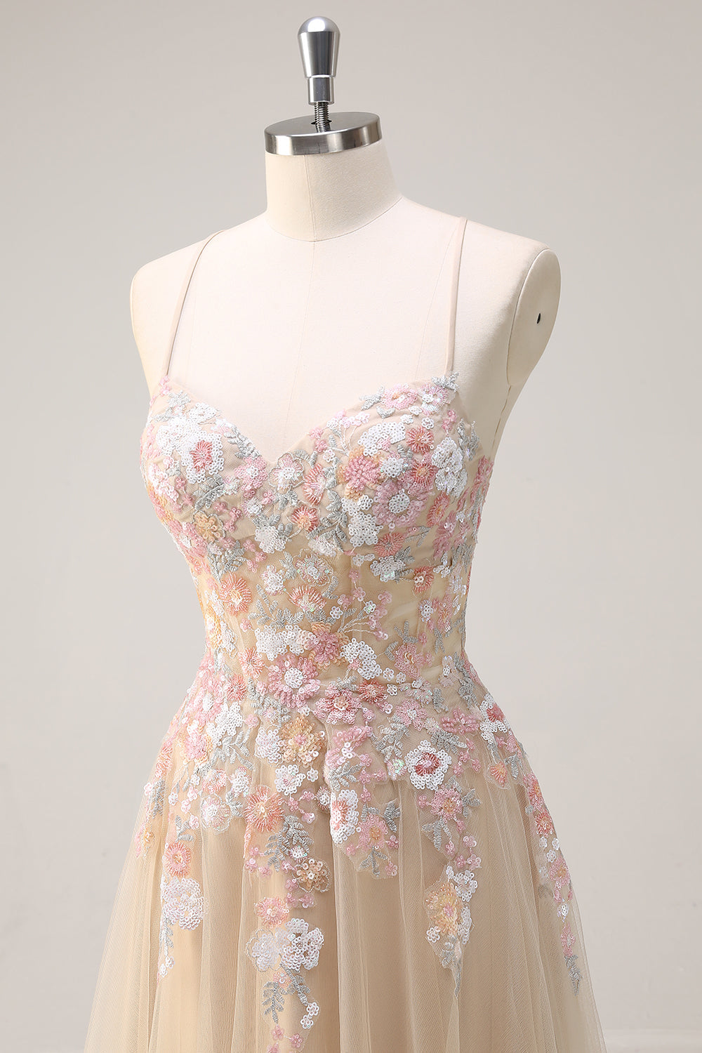 Champagne Floral Spaghetti Straps Corset A-Line Long Prom Dress