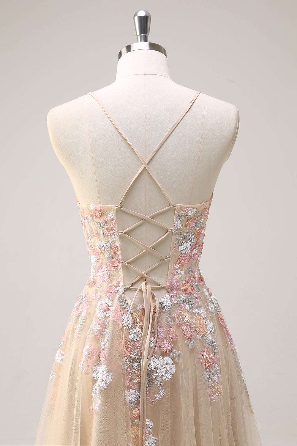 Champagne Floral Spaghetti Straps Corset A-Line Long Prom Dress