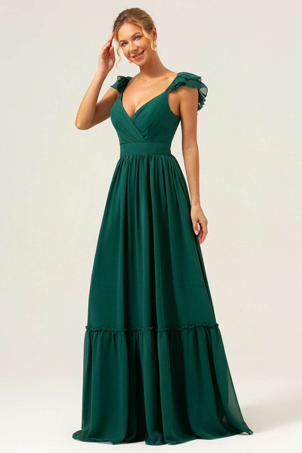 Dark Green A Line V-Neck Ruched Chiffon Long Bridesmaid Dress