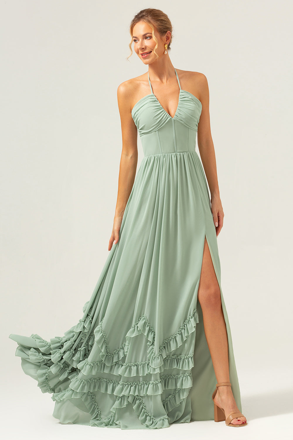 Dusty Sage Halter Corset Ruffled Long Bridesmaid Dress with Slit