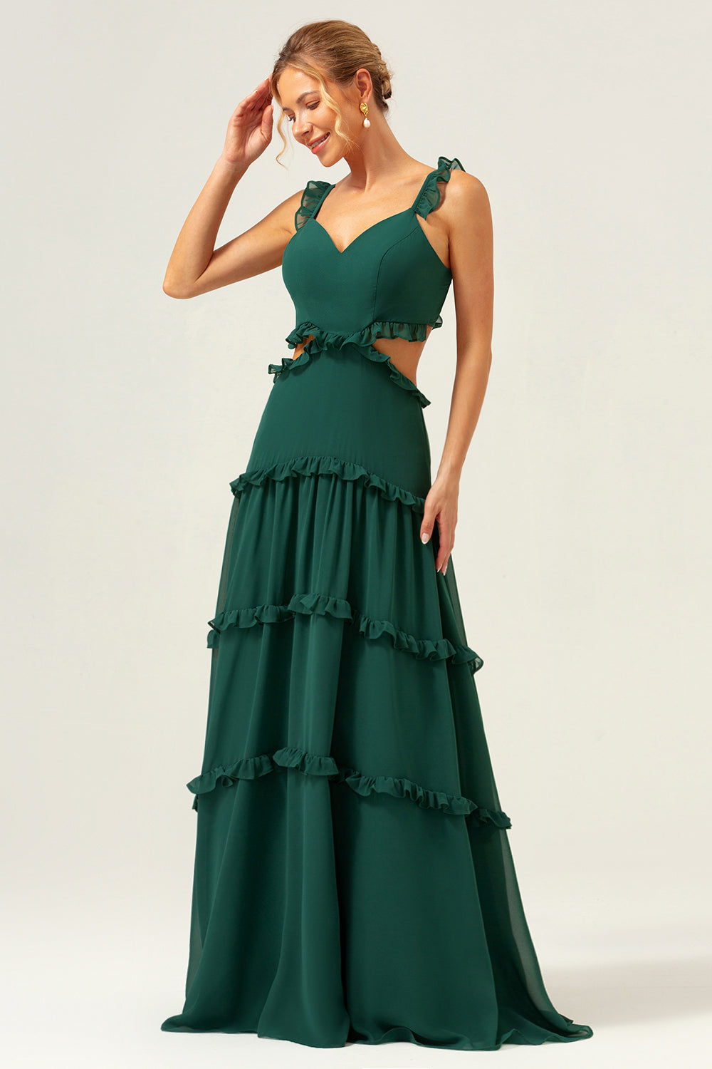 Dark Green A-Line Chiffon Ruffled Long Bridesmaid Dress with Hollow Out