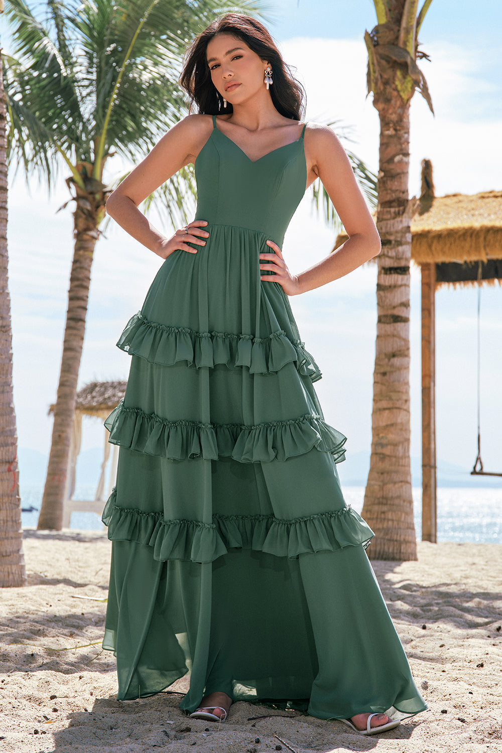 Eucalyptus A-Line Chiffon Tiered Long Bridesmaid Dress