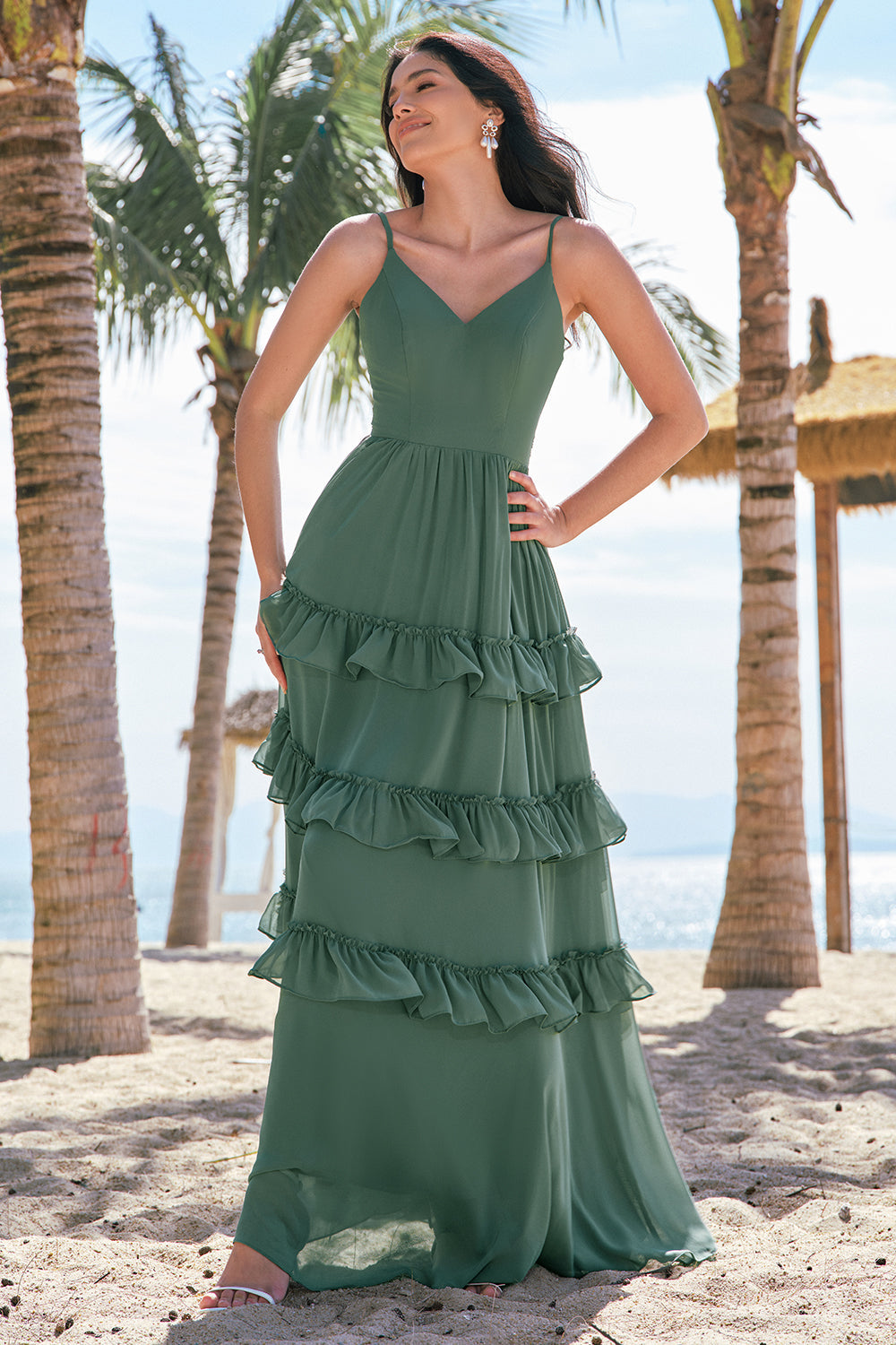 Eucalyptus A-Line Chiffon Tiered Long Bridesmaid Dress