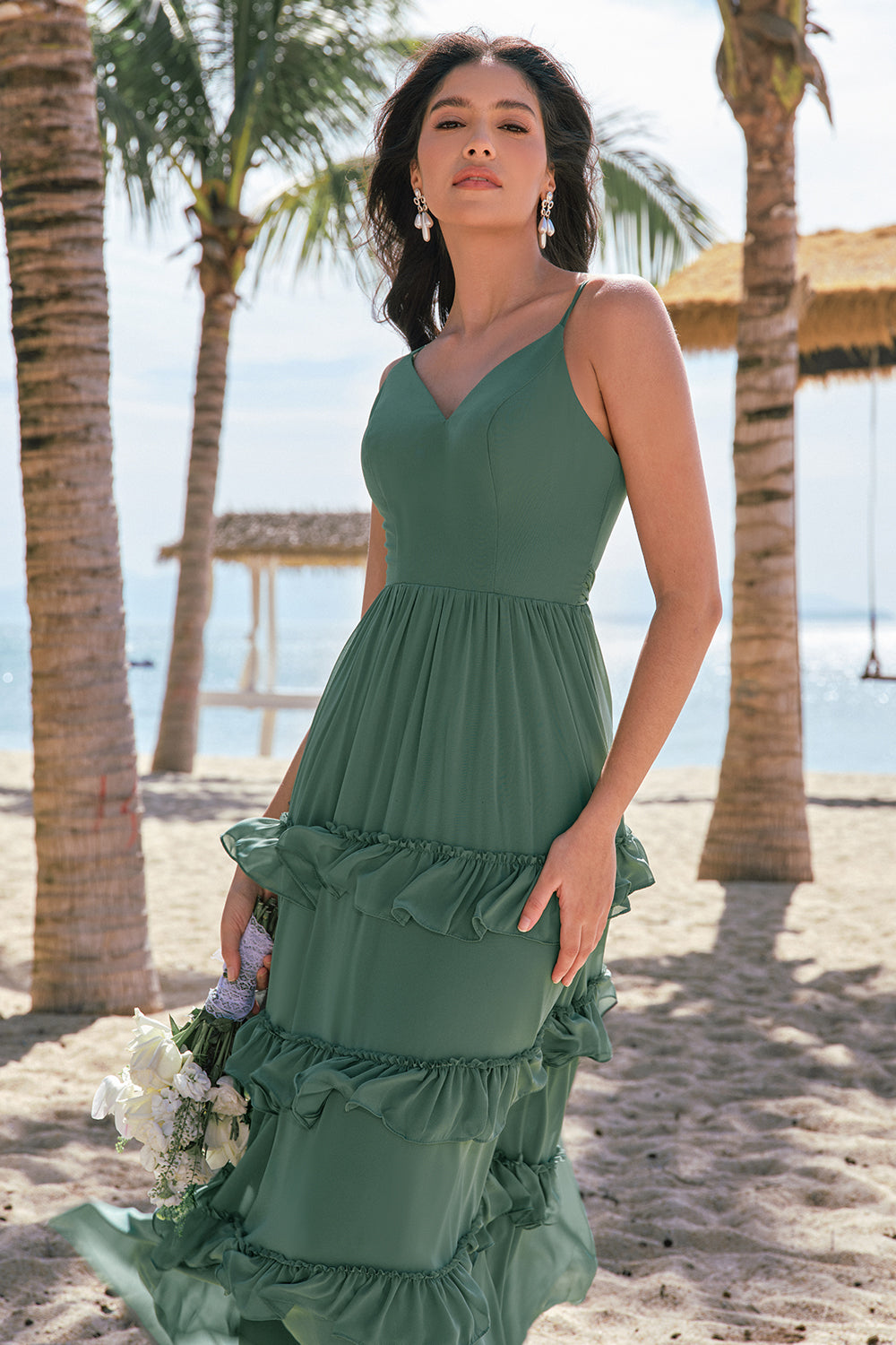 Tiered Eucalyptus A-Line Chiffon Long Bridesmaid Dress