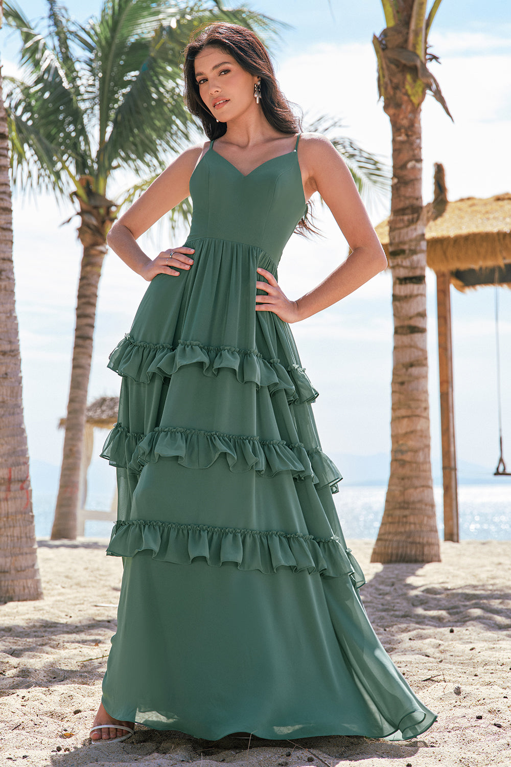 Tiered Eucalyptus A-Line Chiffon Long Bridesmaid Dress