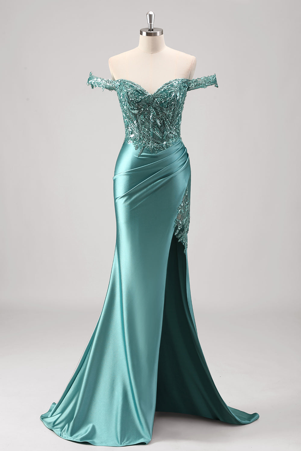 Grey Green Mermaid Applique Off The Shoulder Long Prom Dress with Slit