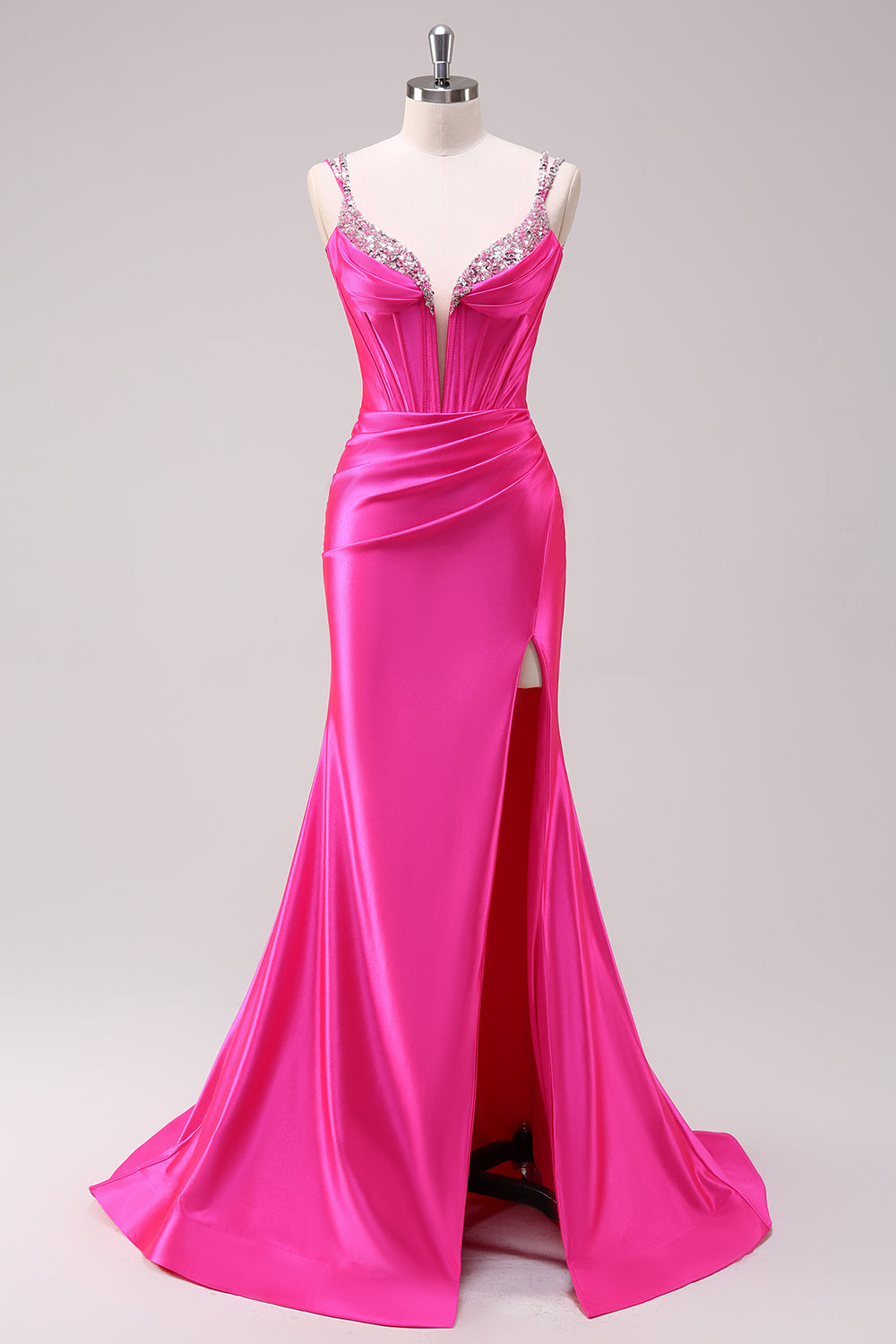 Sparkly Fuchsia Corset Satin Long Prom Dress with Slit