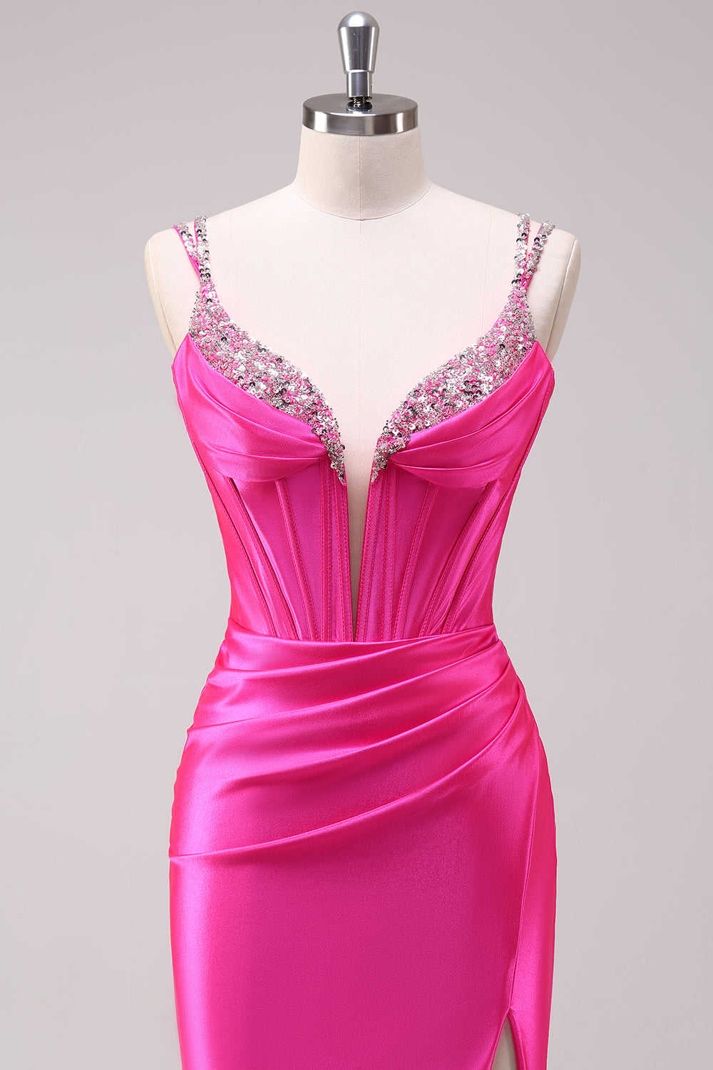 Sparkly Fuchsia Corset Satin Long Prom Dress with Slit