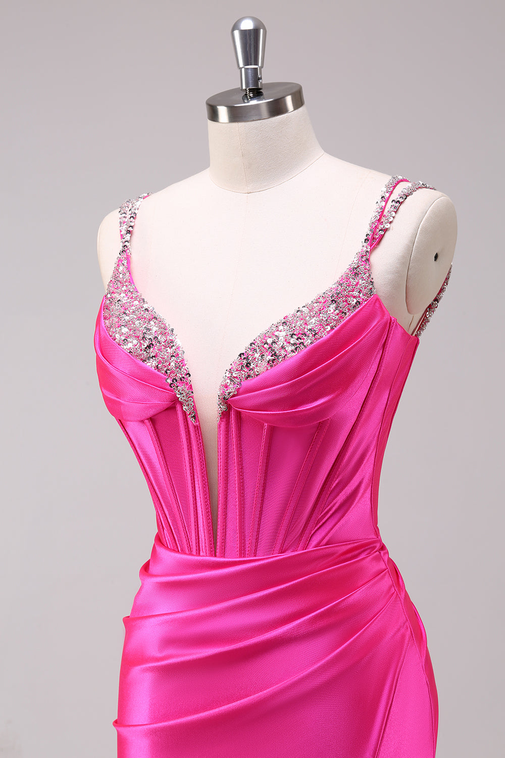 Sparkly Fuchsia Corset Satin Long Prom Dress with Slit