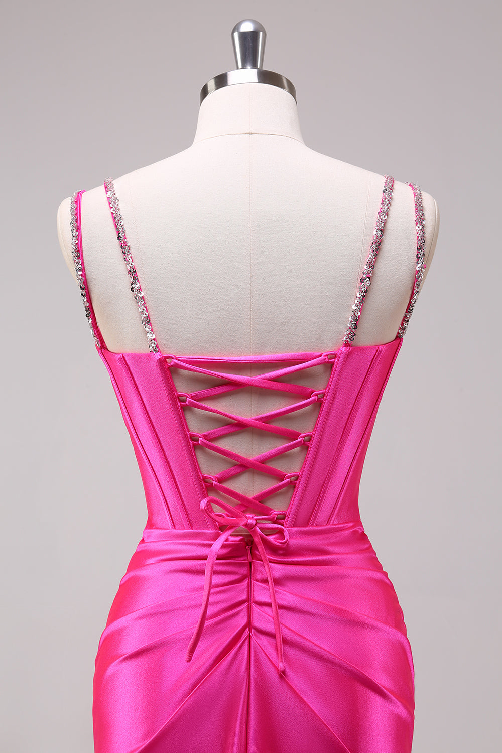 Sparkly Fuchsia Corset Satin Long Prom Dress with Slit