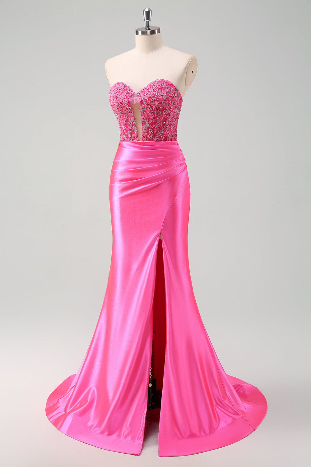 Fuchsia Sweetheart Long Lace Prom Dress with Slit