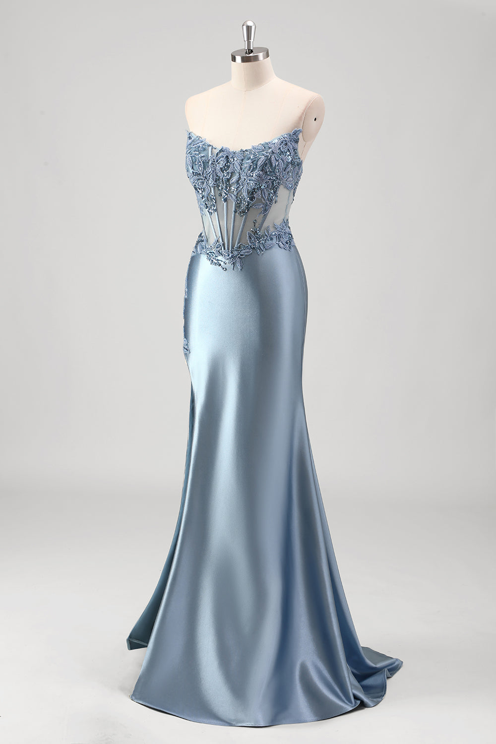 Grey Blue Satin Mermaid Applique Long Prom Dress with Slit