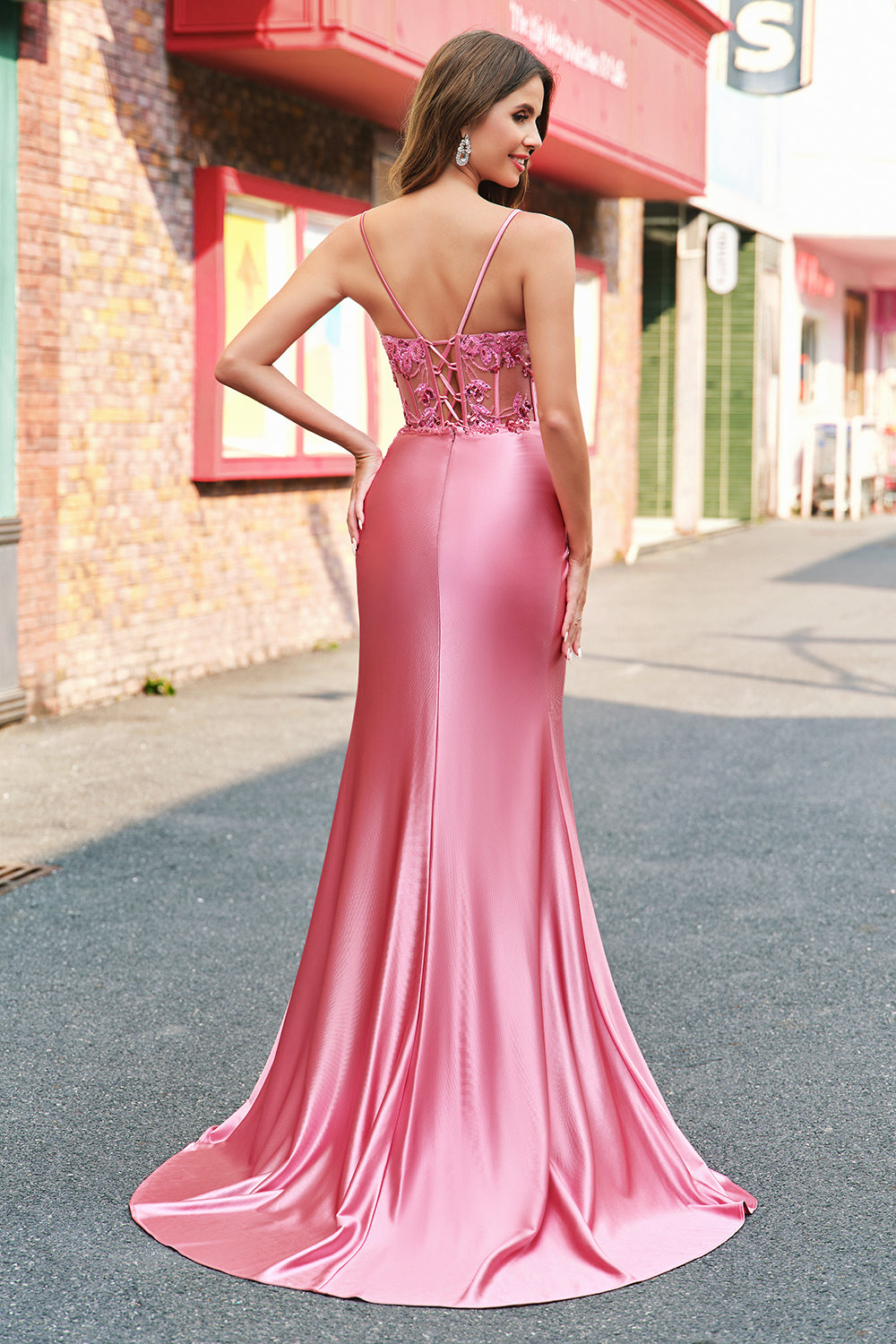 Sparkly Coral Corset Mermaid Long Prom Dress with Slit