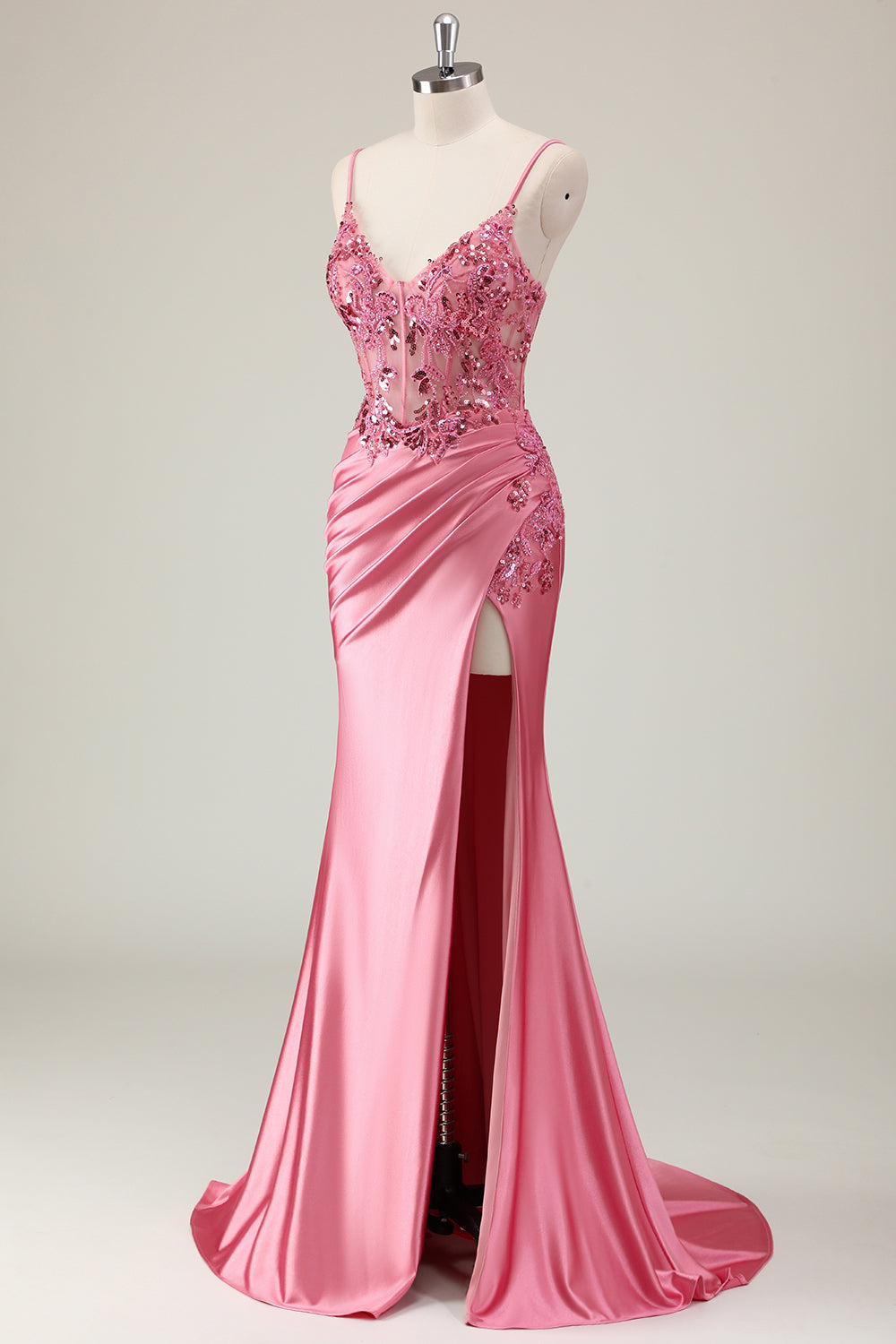 Sparkly Coral Corset Mermaid Long Prom Dress with Slit