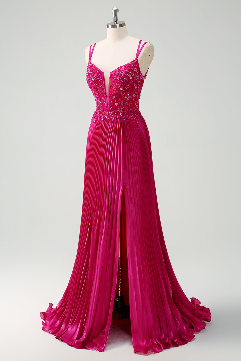 Fuchsia Sheath Spaghetti Straps Pleated Long Corset Prom Dress with Appliques