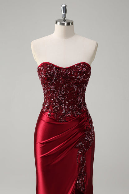 Sparkly Burgundy Floral Mermaid Beaded Corset Long Prom Dress with Slit