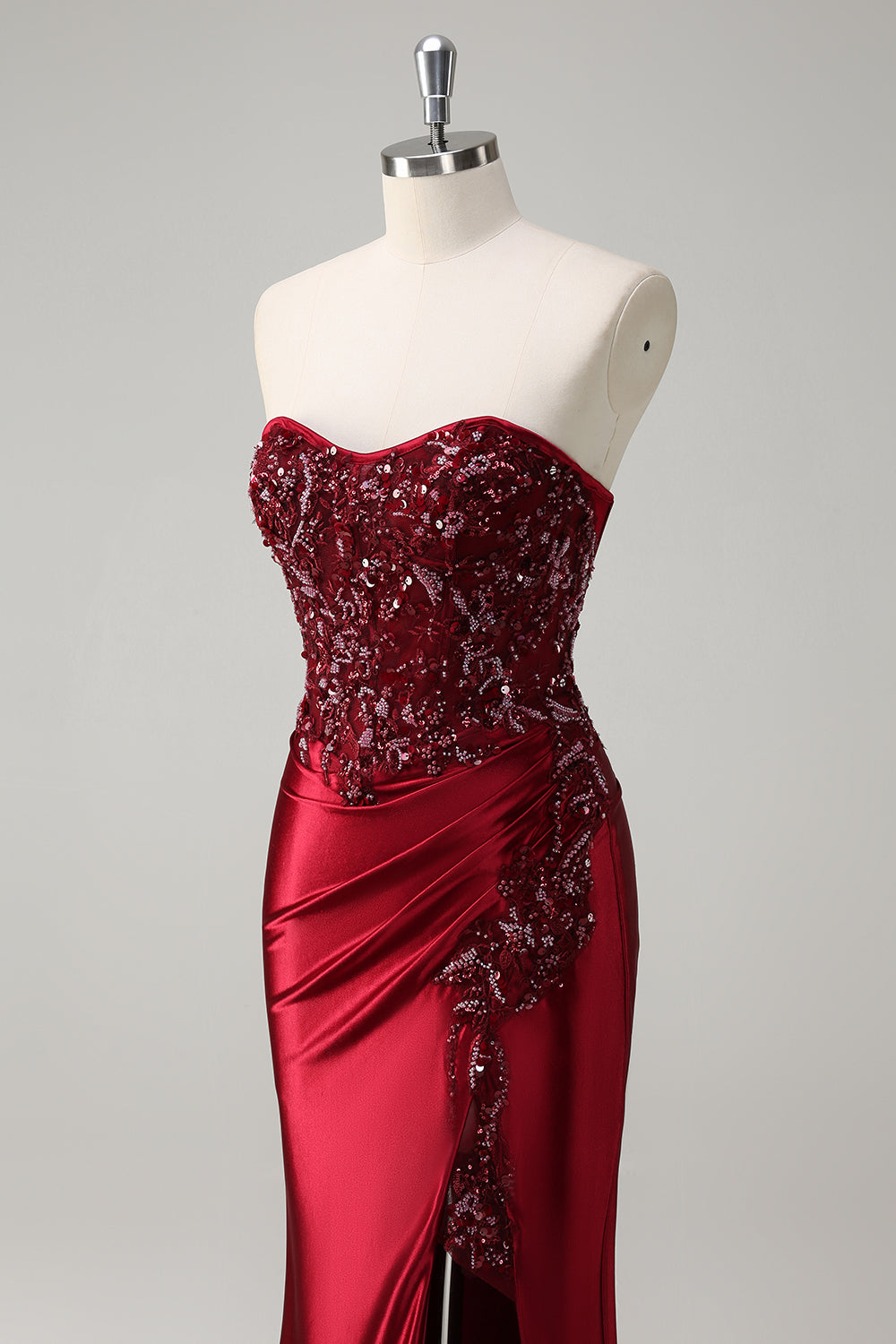 Sparkly Burgundy Floral Mermaid Beaded Corset Long Prom Dress with Slit