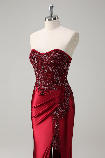 Sparkly Burgundy Floral Mermaid Beaded Corset Long Prom Dress with Slit