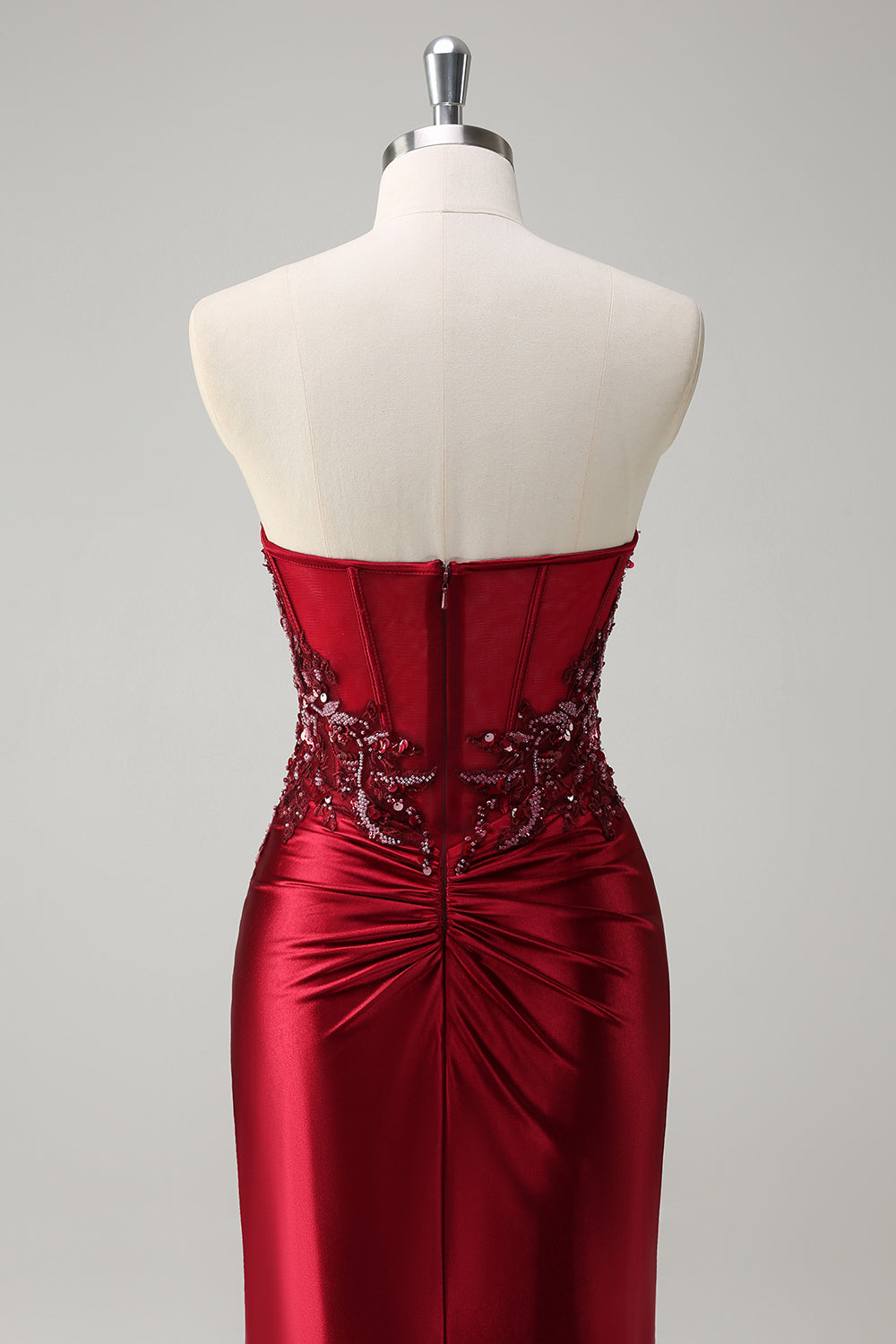 Sparkly Burgundy Floral Mermaid Beaded Corset Long Prom Dress with Slit