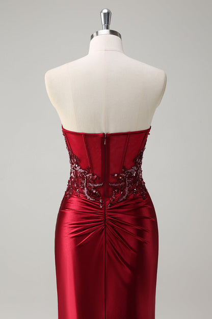 Sparkly Burgundy Floral Mermaid Beaded Corset Long Prom Dress with Slit