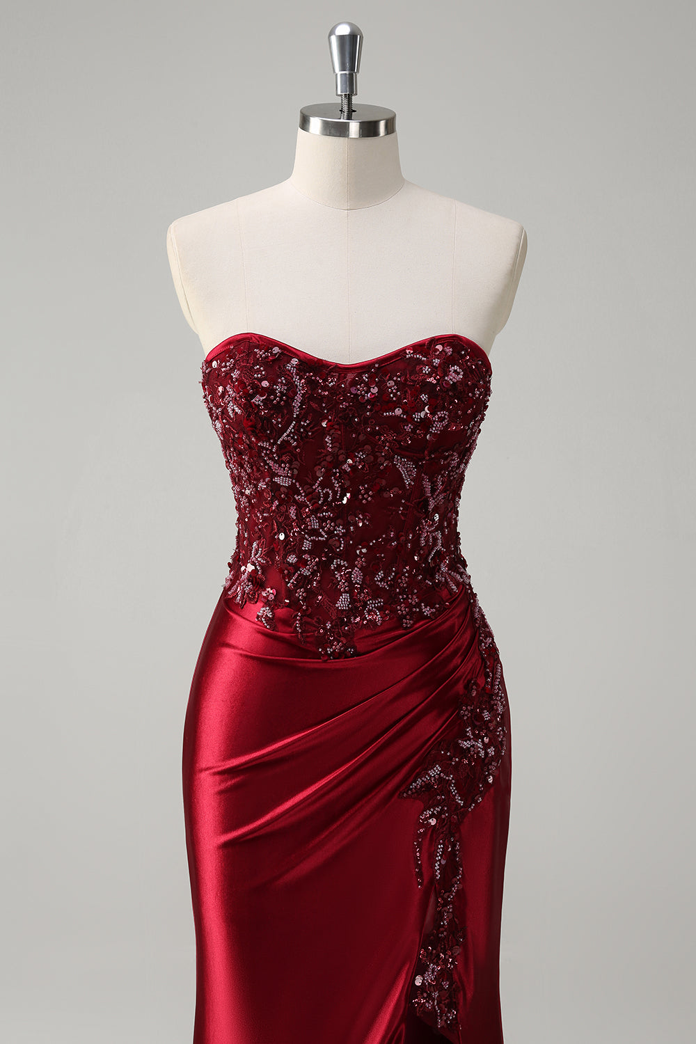 Mermaid Burgundy Strapless Sequin Long Prom Dress with Beading