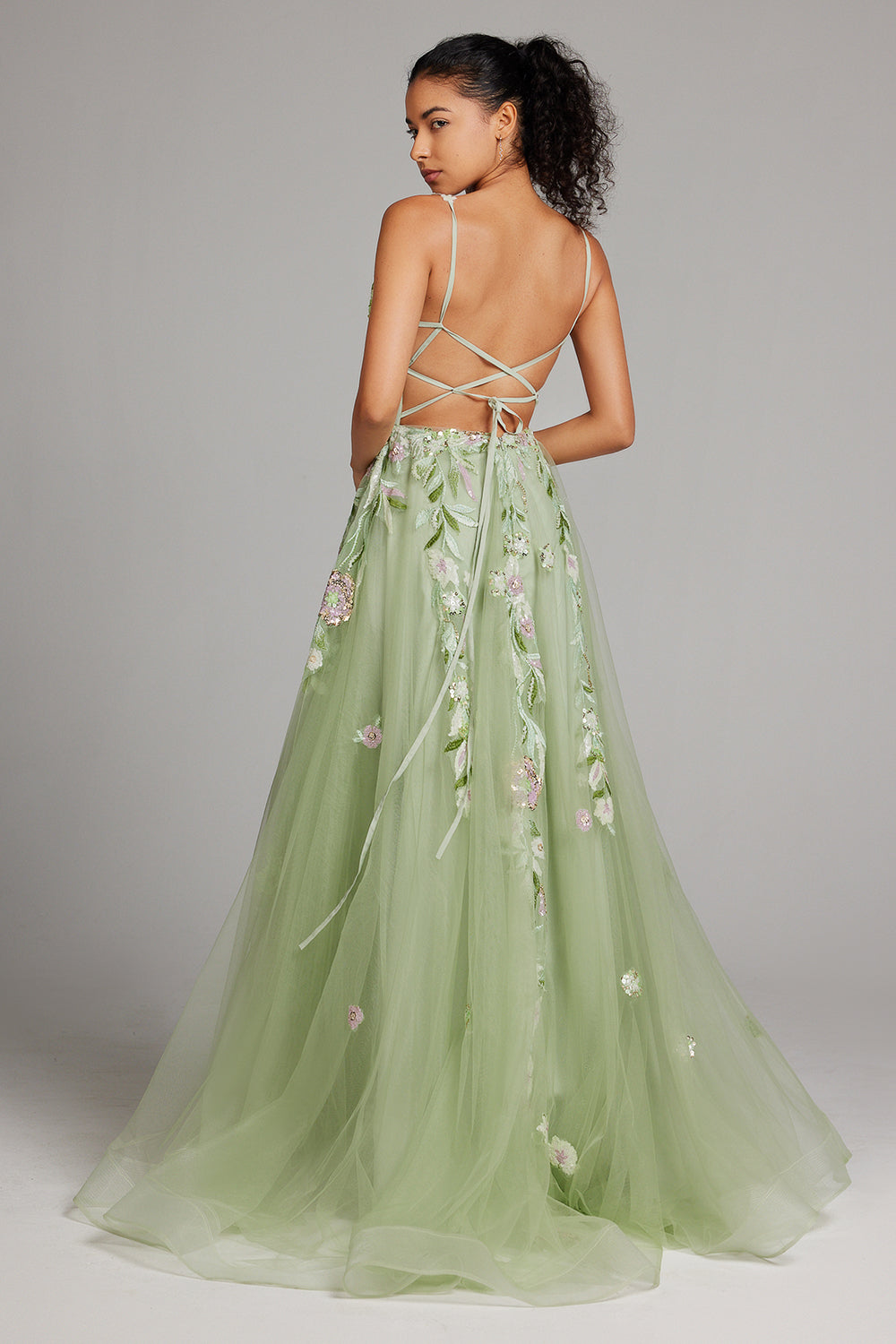 Sparkly Green A Line Sequin Corset Embroidered Long Prom Dress With Slit