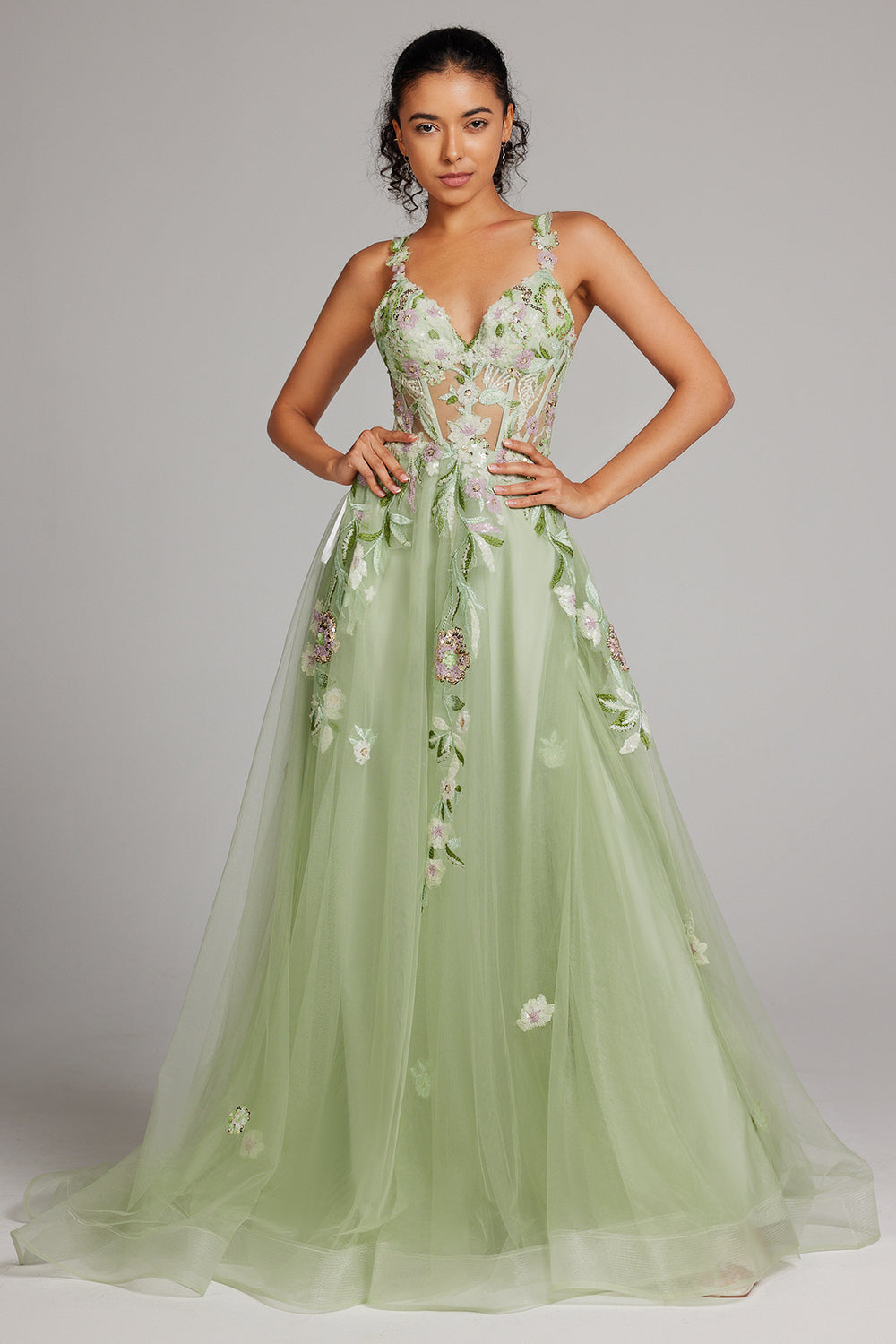 Sparkly Green A Line Sequin Corset Embroidered Long Prom Dress With Slit