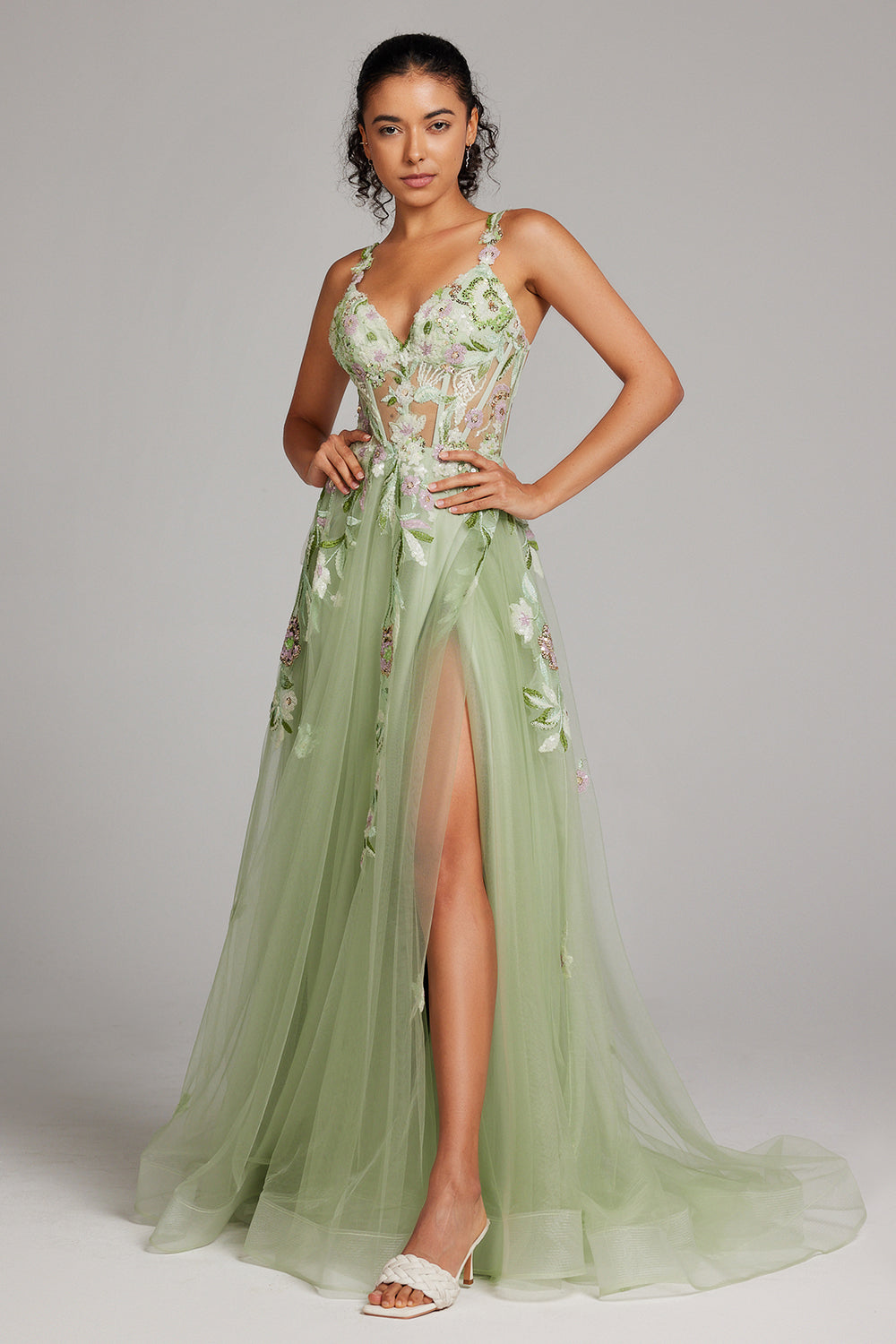 Sparkly Green A Line Sequin Corset Embroidered Long Prom Dress With Slit