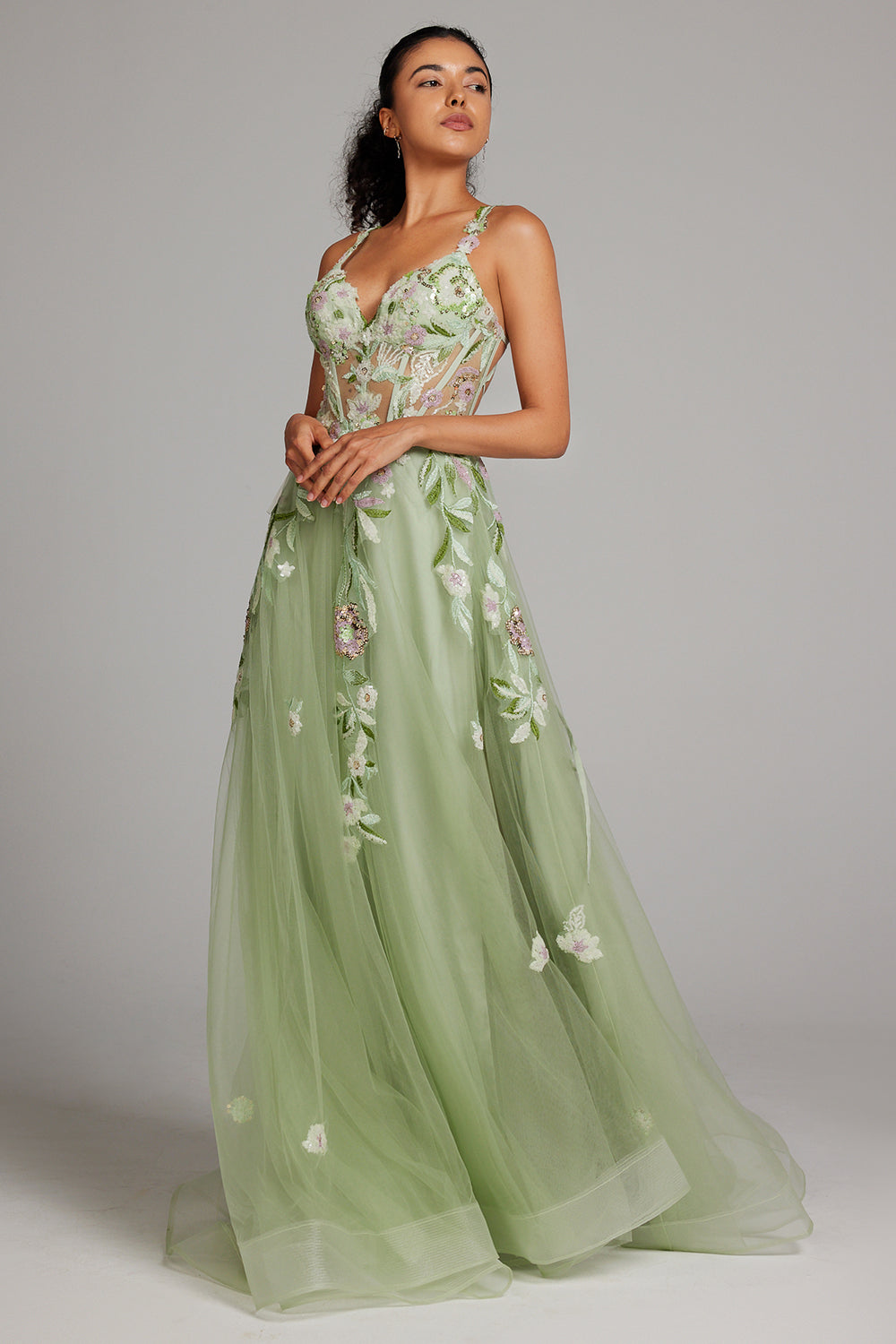 Sparkly Green A Line Sequin Corset Embroidered Long Prom Dress With Slit