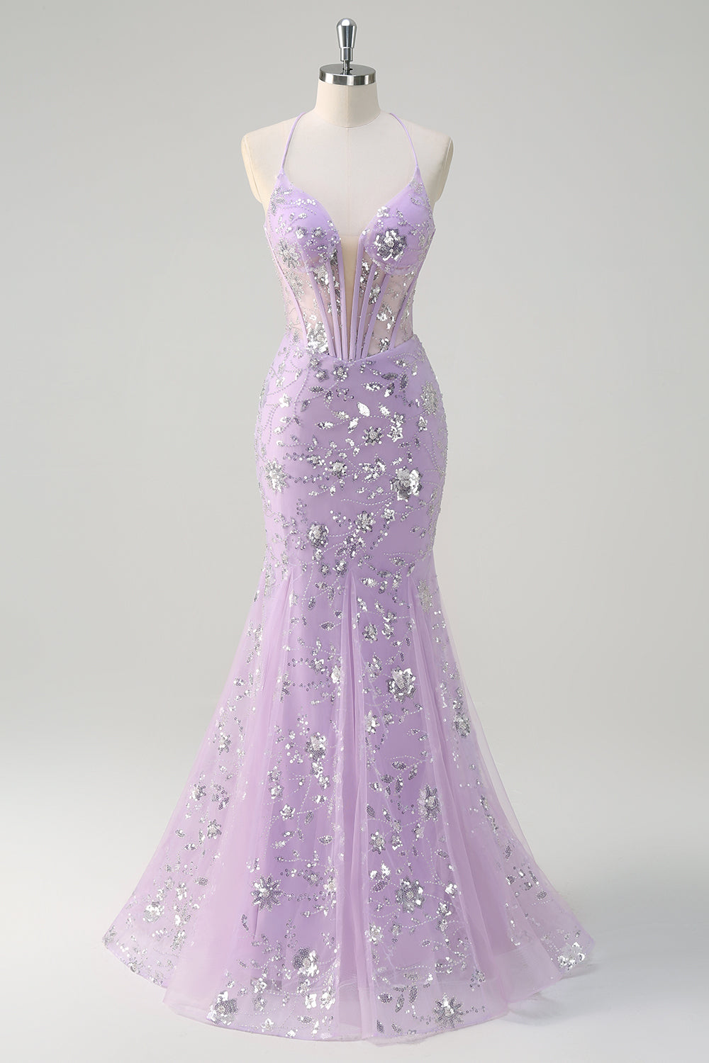 Sparkly Lilac Mermaid Sheer Corset Sequin Prom Dress with Lace Up Back